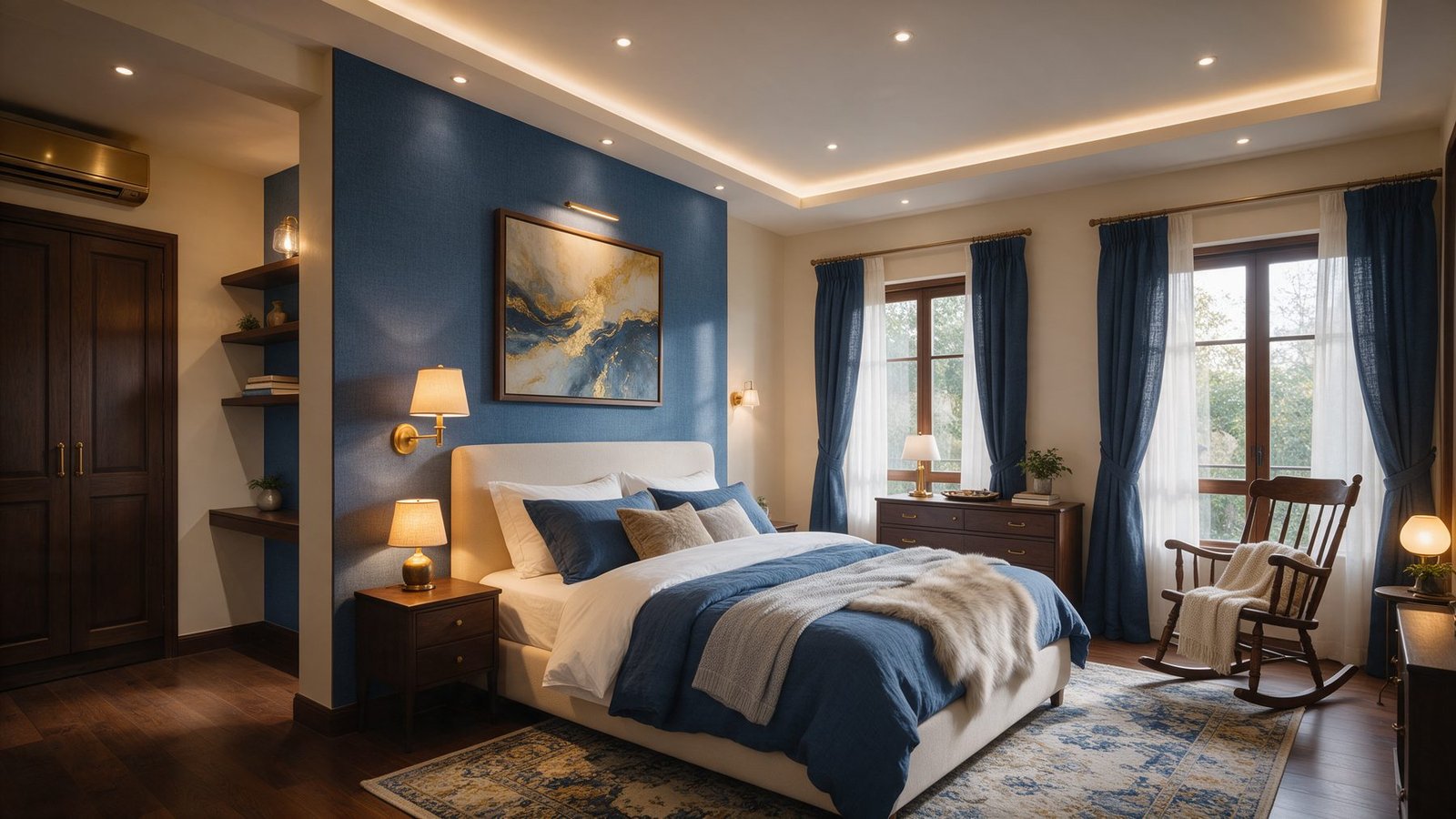 Quarto com iluminação em camadas, luz geral, de tarefa e de destaque